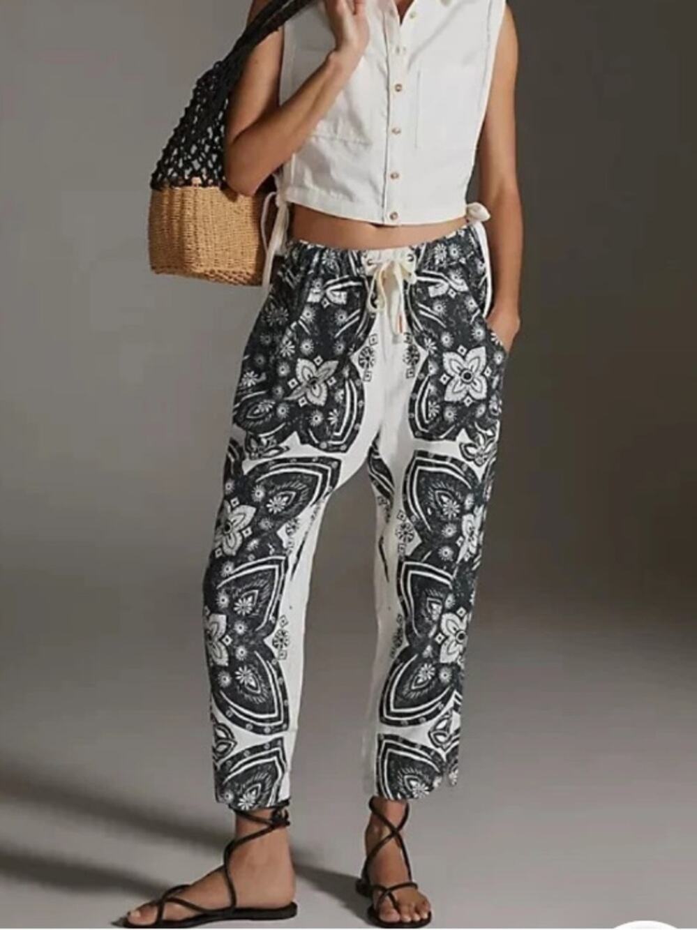 Pilcro Anthropologie Linen Surf Pants Drawstring Black Cream size medium